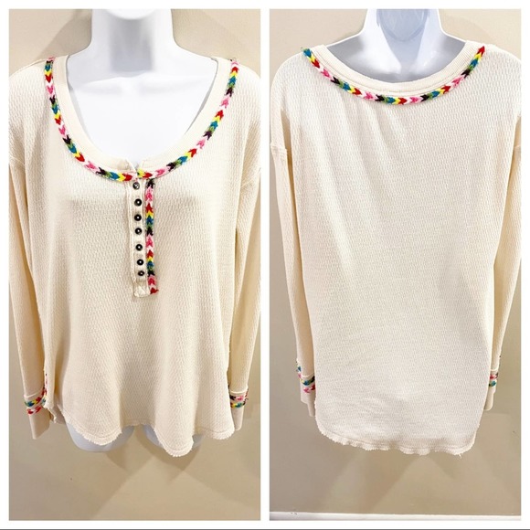 Free People Rainbow Thermal Henley Top Ivory M - Picture 10 of 16